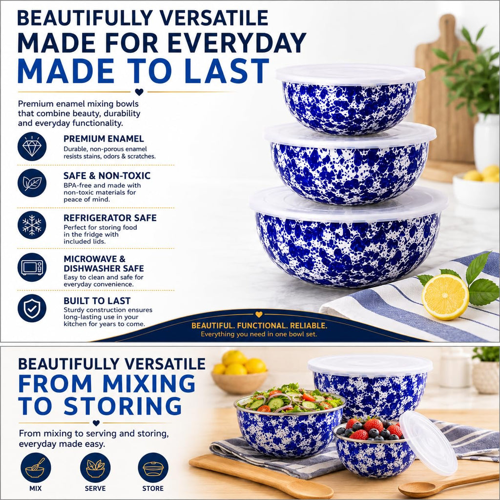 Nested Mixing Bowls with Lids, Set of 3, Cobalt Swirl