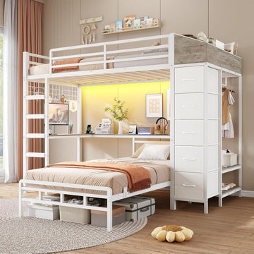 Bunk Bed Twin Over Twin with Hall Tree, Charging Station and LED Lights, L-Shaped Bunk Bed with Desk