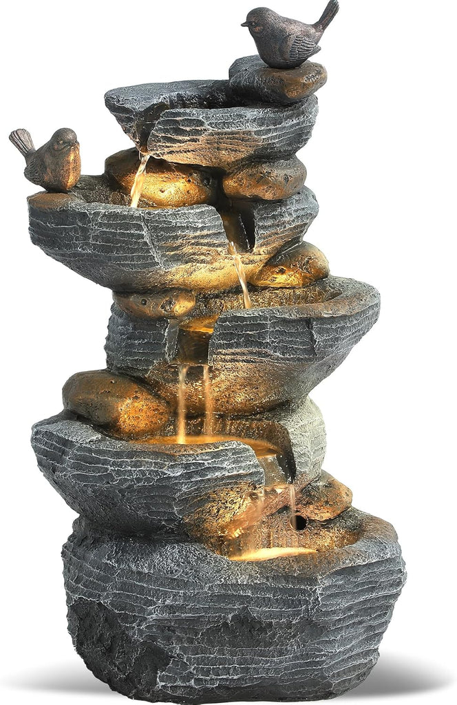 Outdoor 5-Tiers Cascading Rock Water Fountain, Waterfall Fountain with 4 LED Lights