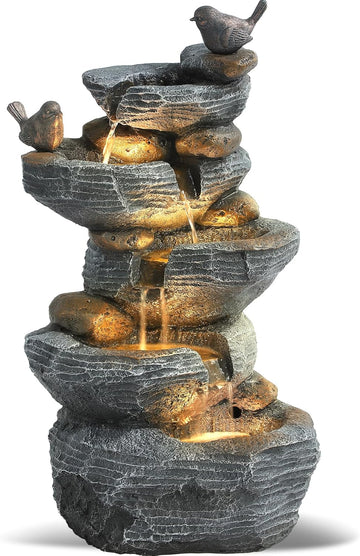 Outdoor 5-Tiers Cascading Rock Water Fountain, Waterfall Fountain with 4 LED Lights