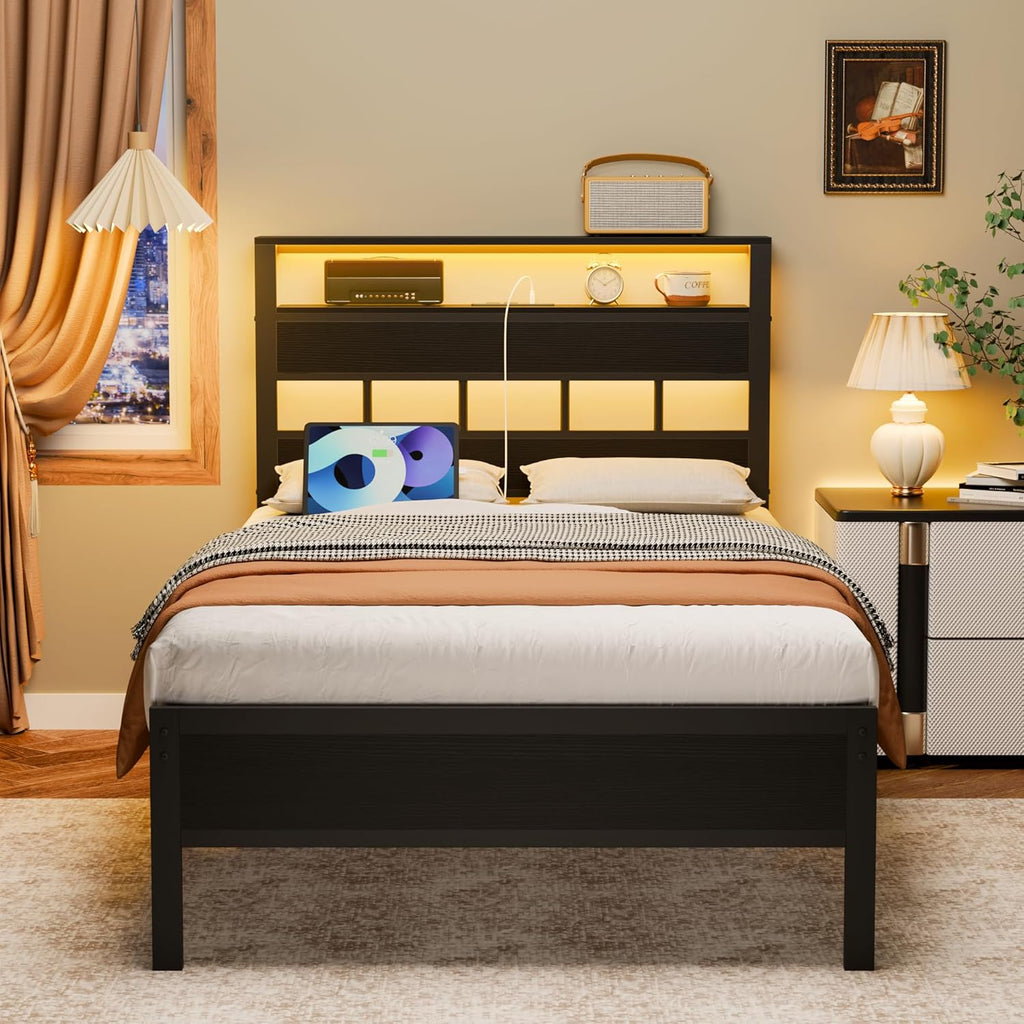 Twin Bed Frames with Charging Station and LED Lights, Twin Platform Bed with Metal Slats