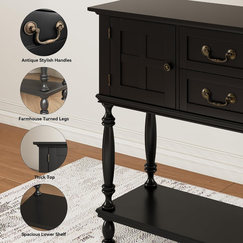 Farmhouse Console Table with Storage, Narrow Entryway Table with 2 Drawers & 2 Door Cabinets, Sofa Table Behind Couch
