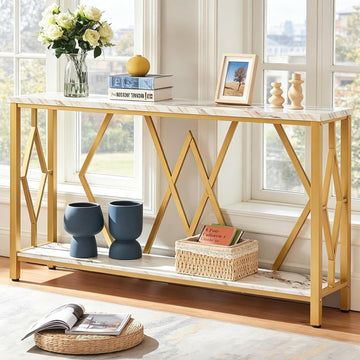 55 Inch Modern Entryway Console Table, White & Gold Faux Marble Top Engineered Wood Sofa Table with 2-Tier Open