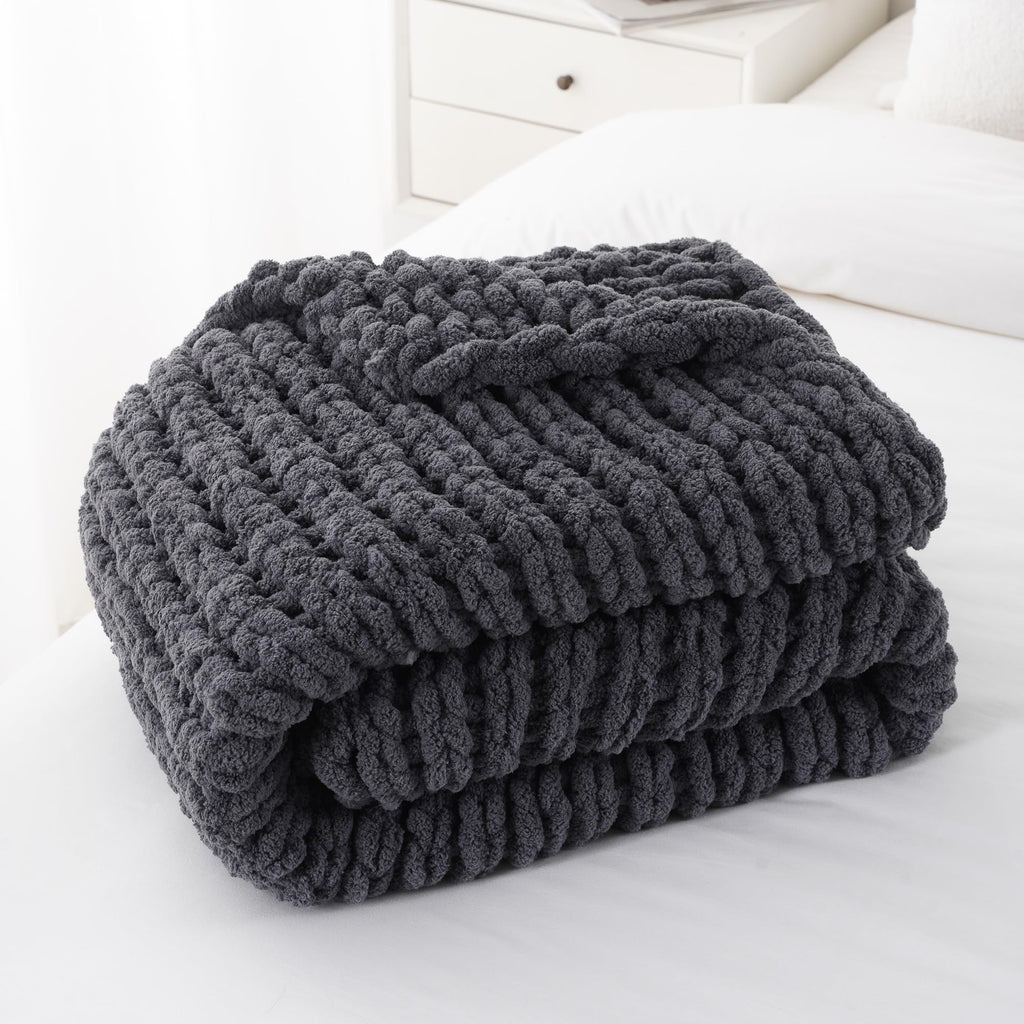 Chunky Knit Throw Blanket, Dark Grey Chenille Throw Blanket 50x60in