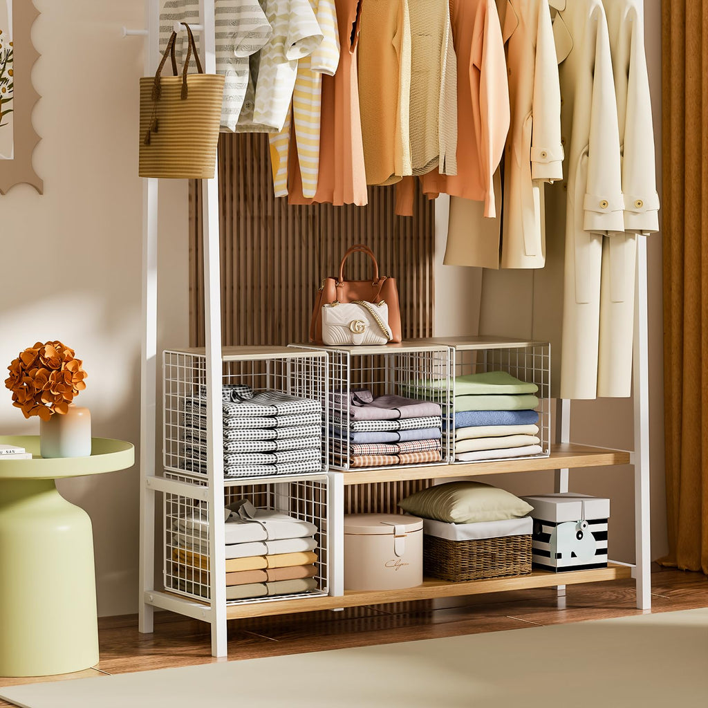 3PCS Stackable Closet Organizers and Storage, Closet Shelves with Wood Top Extra Storage, Clothes Storage Organizer