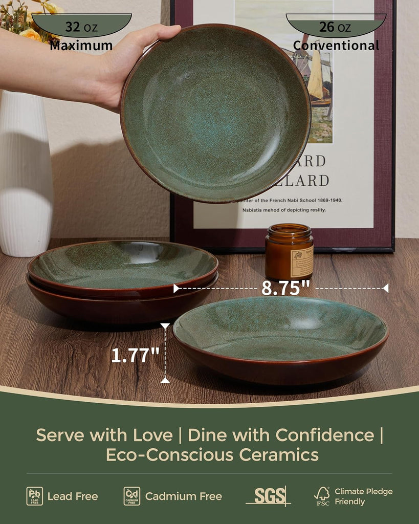 8.75 Inch Large Ceramic Pasta Bowls, 32 Oz Reactive Glaze Stoneware Pasta Serving Bowls Set of 4 , Wide Bowls for