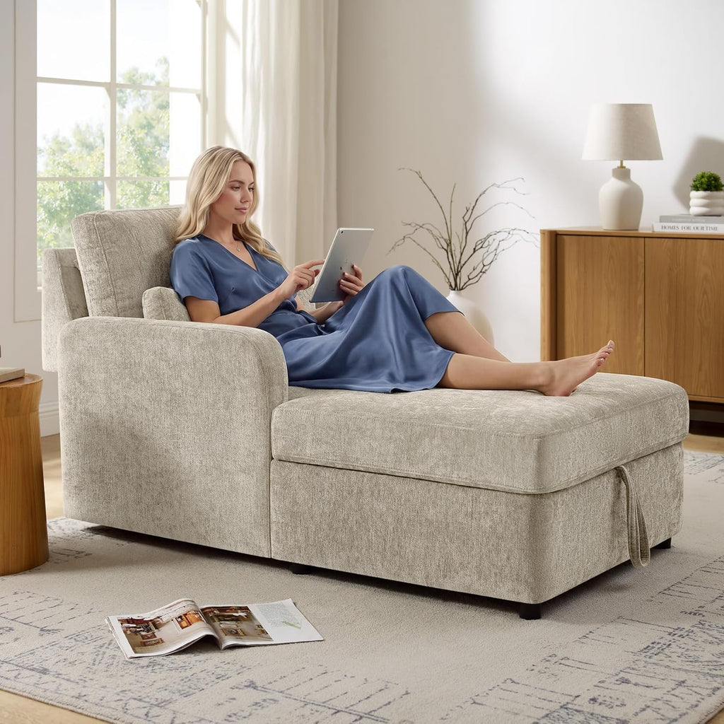 58" Oversized Chaise Lounge Chair with Storage, Chenille Camel | Adjustable Backrest, 2 Back Pillows, Comfy Reading