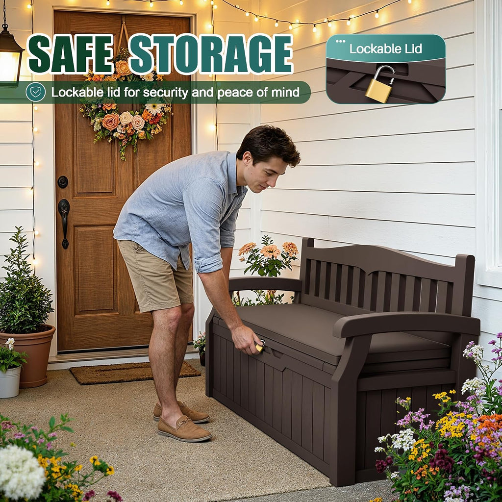 80 Gallon Storage Bench with Cushion, Deck Box Waterproof&Lockable | Outdoor Benches Furniture, Garden Decor and