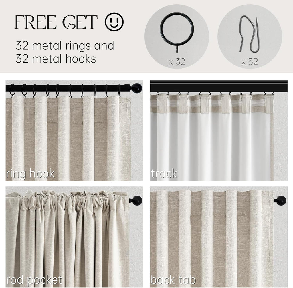 100% Blackout Linen Curtains 72 Inch Long Ivory Blackout Cream White Curtains, Pinch Pleated Back Tab Sun Blocking