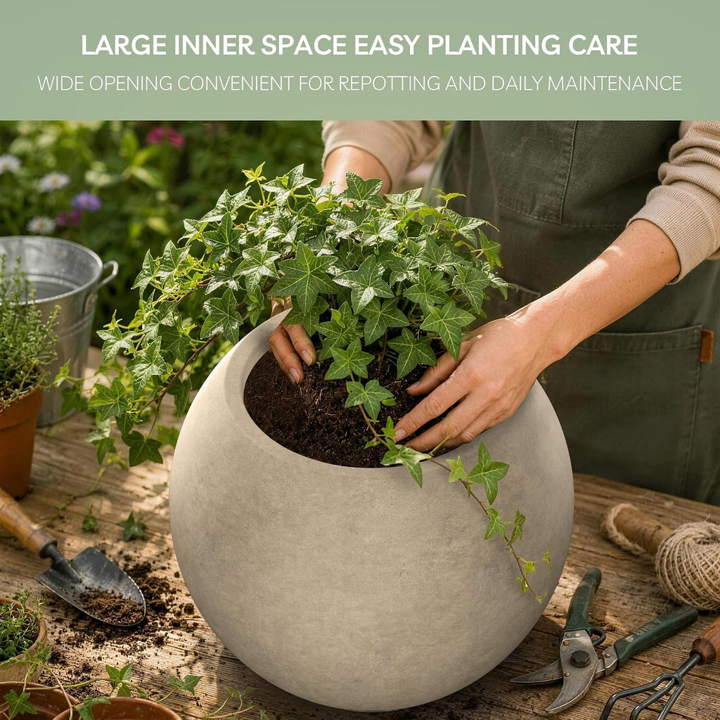 Accent Round Sphere Weathered Concrete Planter 19.3" Dia, Outdoor | Rubber Plug for Indoor, Drainage for Garden
