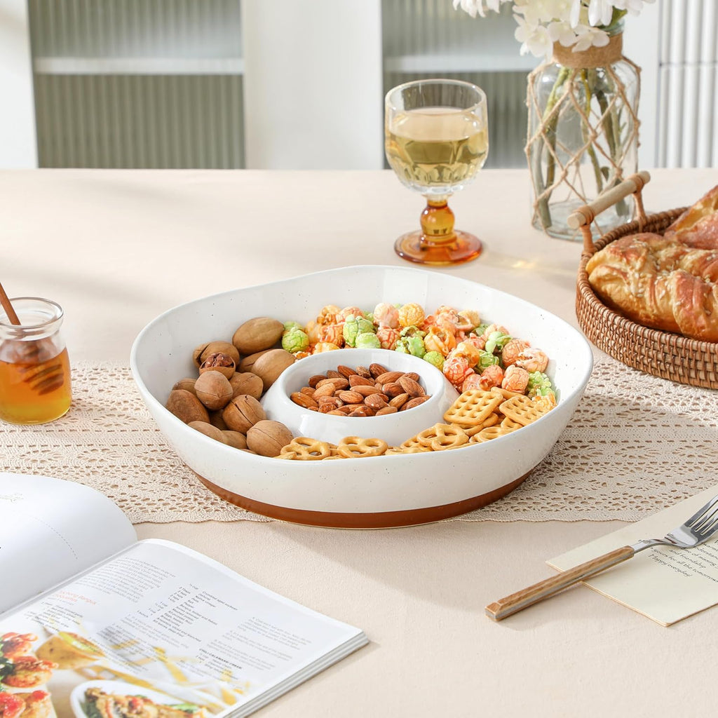 Ceramic Chips and Dip Serving Tray, 12 Inch Dip Serving Tray | Free-Form Divided Ceramic Chips and Dip Bowls for