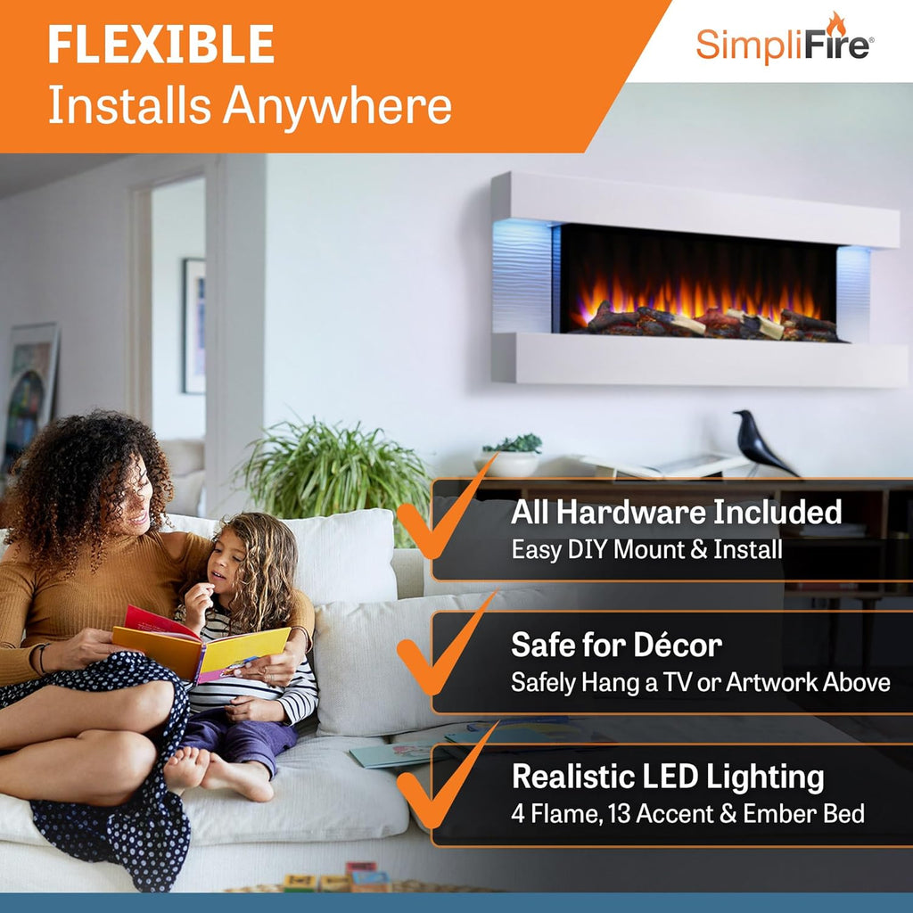 36-Inch Wall Mount Electric Fireplace with 50-Inch Floating Mantel (SF-FORMAT36-SF-FM50-WH)