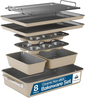 8-Piece Ceramic Coated Bakeware Sets, Nonstick Aluminized Steel Pans with Muffin, Loaf, Cake, Roasting Pan, &