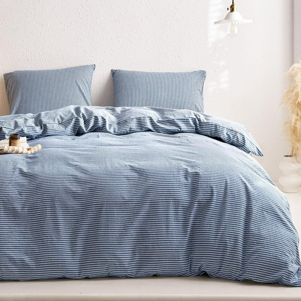 Striped Cotton Duvet Cover Set, 100% Washed Cotton Textured Bedding Set, Ticking Stripe Pinstripe Farmhouse, 3