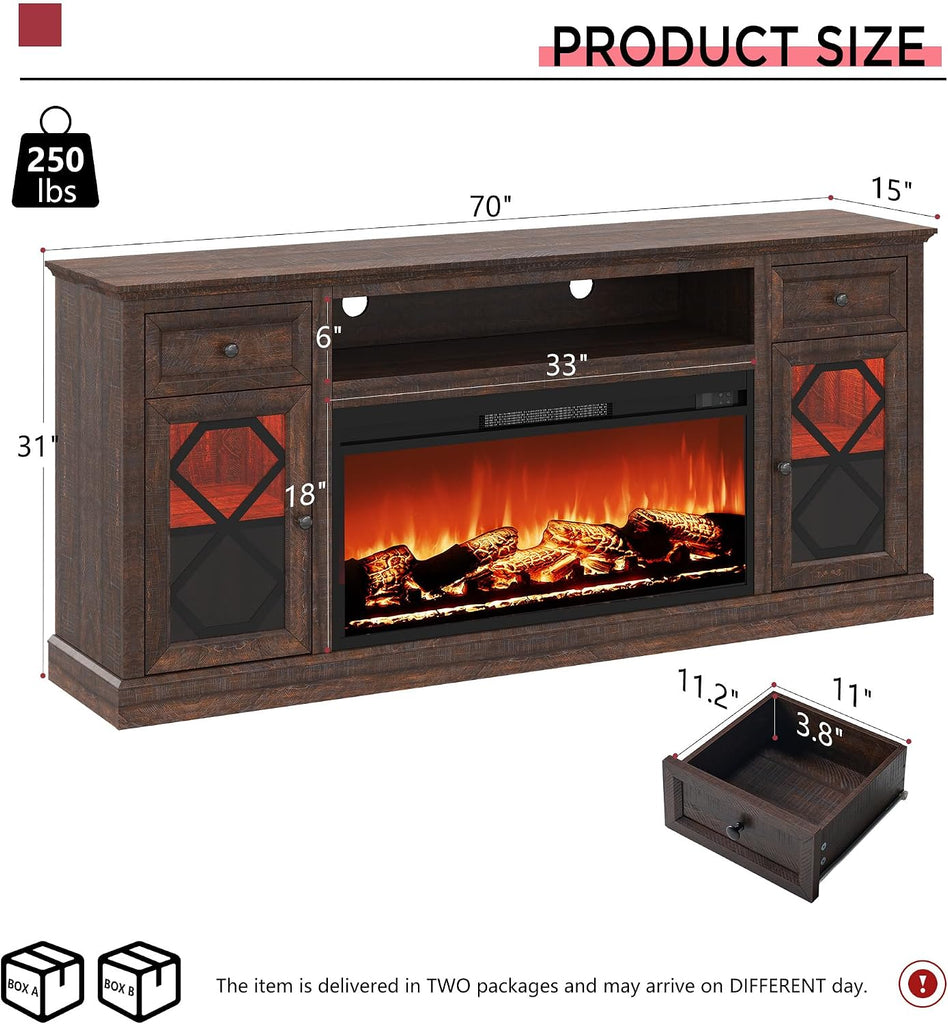 Farmhouse 70" Fireplace TV Stand with 37" Electric Fireplace, Large LED Entertainment Center with Storage for 80"