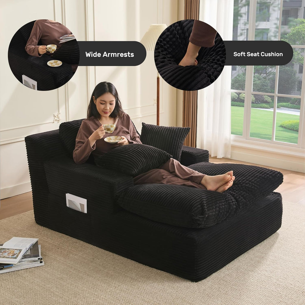 63" Chaise Lounge Chair Indoor, Set of Convertible Sleeper Sofa Couch with Throw Pillows & Side Pockets, Corduroy