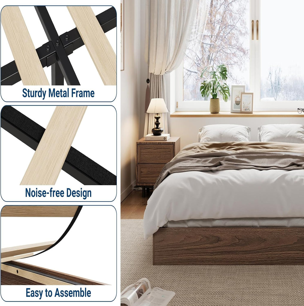 Queen Wood Platform Bed Frame,Wooden Bed Frame Without Headboard, Wood Slat Support,No Box Spring Needed, Easy Assembly