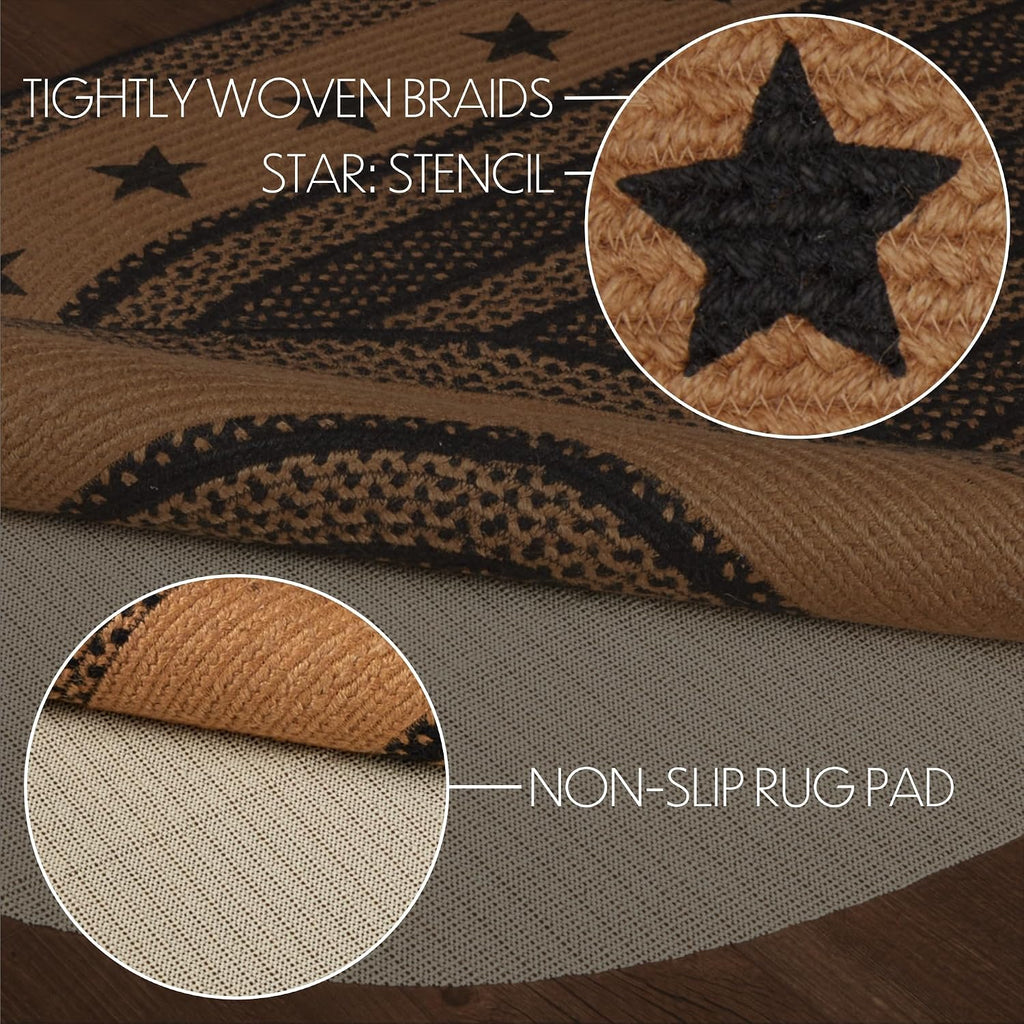 Farmhouse Primitive Black Jute Rug Oval Stencil Stars Border w/Pad 36"x60"