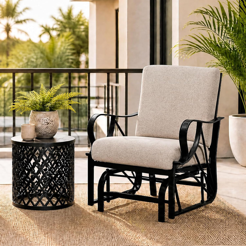 Patio Glider, Outdoor Glider Chair with Removable Cushion, Heavy Duty Metal Frame, Curved Armrest, Porch Rocking