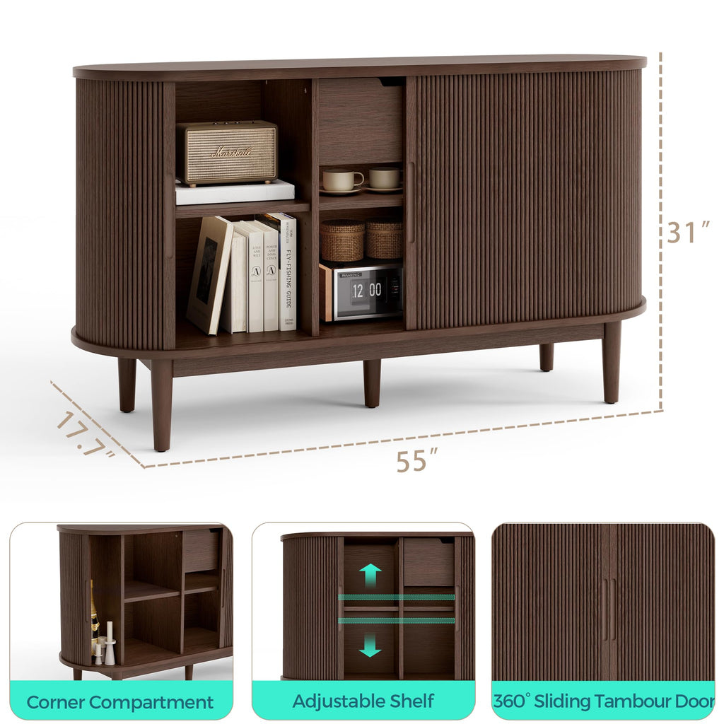 Sideboard Buffet Cabinet with Storage, 55" Fluted Coffee Bar Cabinet with Tambour Sliding Doors and Drawer, Mid