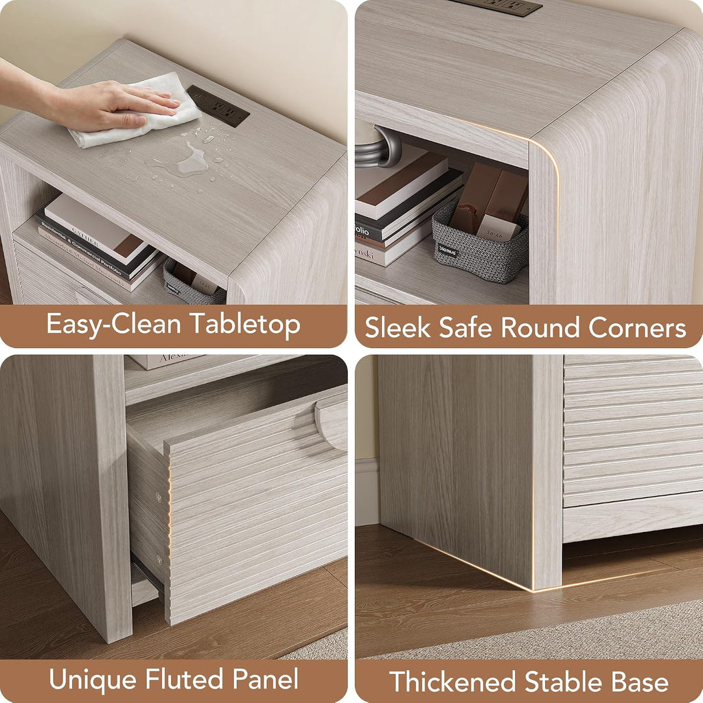 Fluted Nightstands Set of 2 with Charging Station, 23" Wide Wood Bedside Tables with Drawer and Open Compartment, Mid