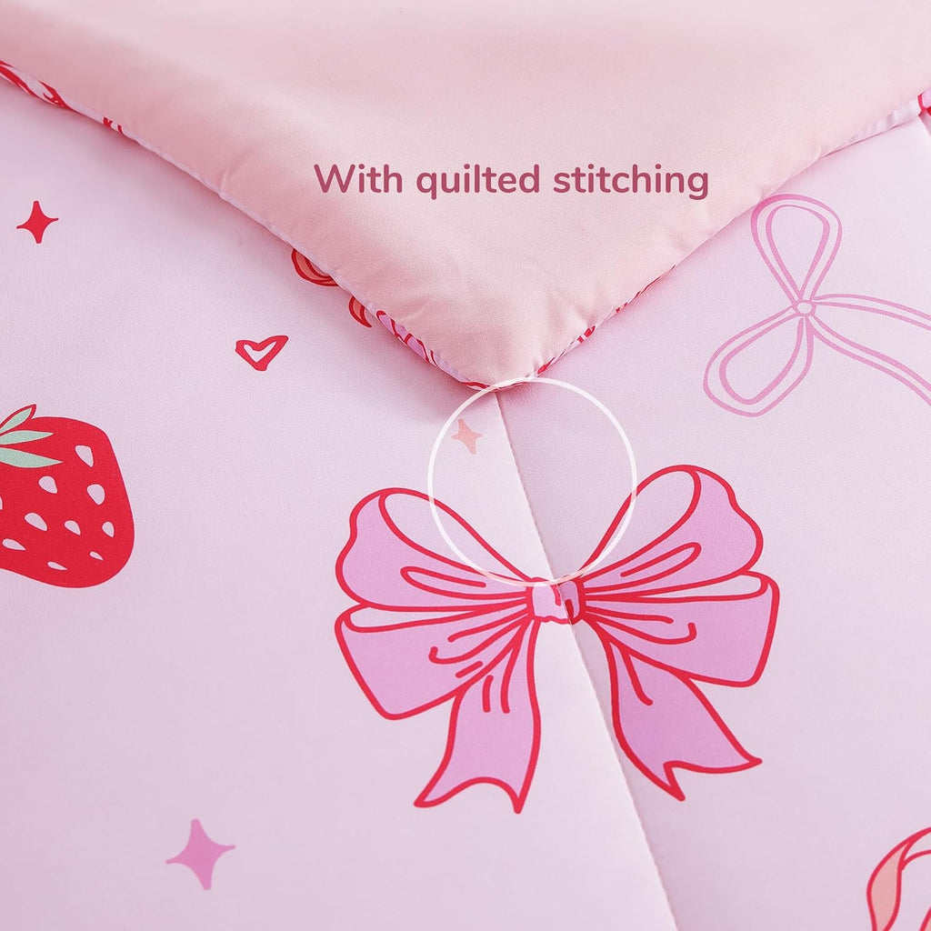 Comforter Set for Girls - 4 Pieces Pink Bow Bedding Sets for Kids, 1 Comforter, 2 Shams and 1 Decor Pillow