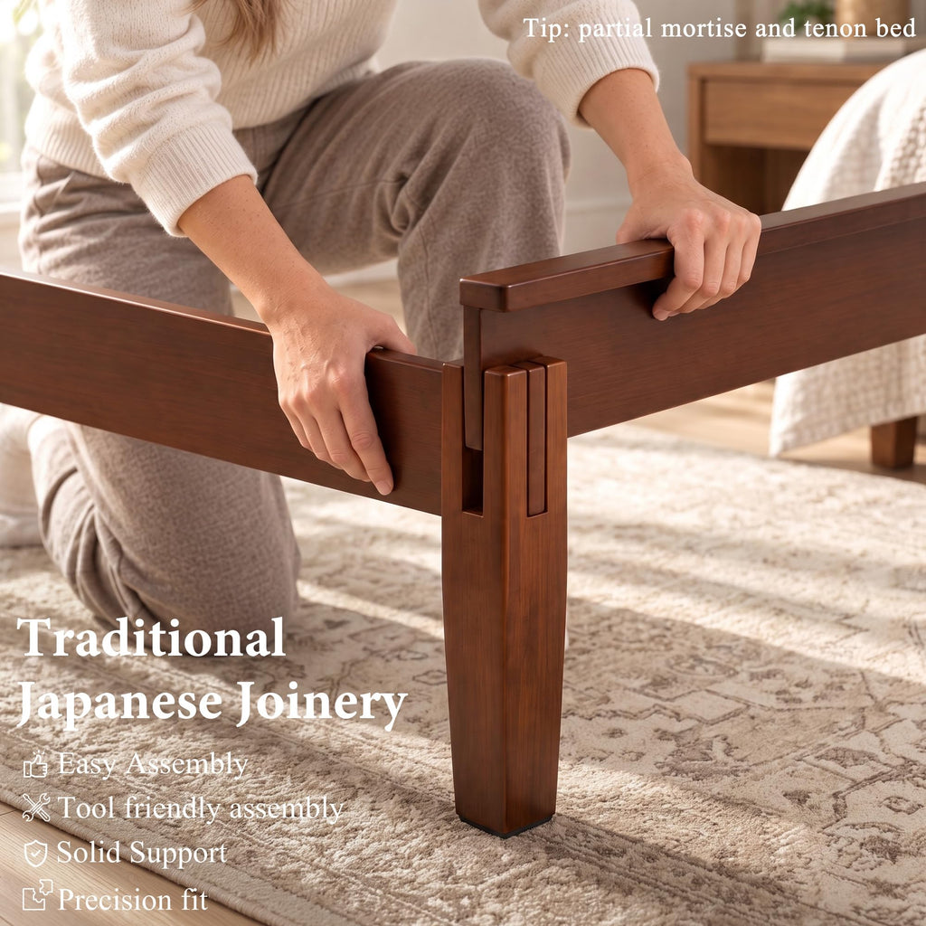 Solid Bamboo King Bed Frame with Headboard, Japanese Joinery