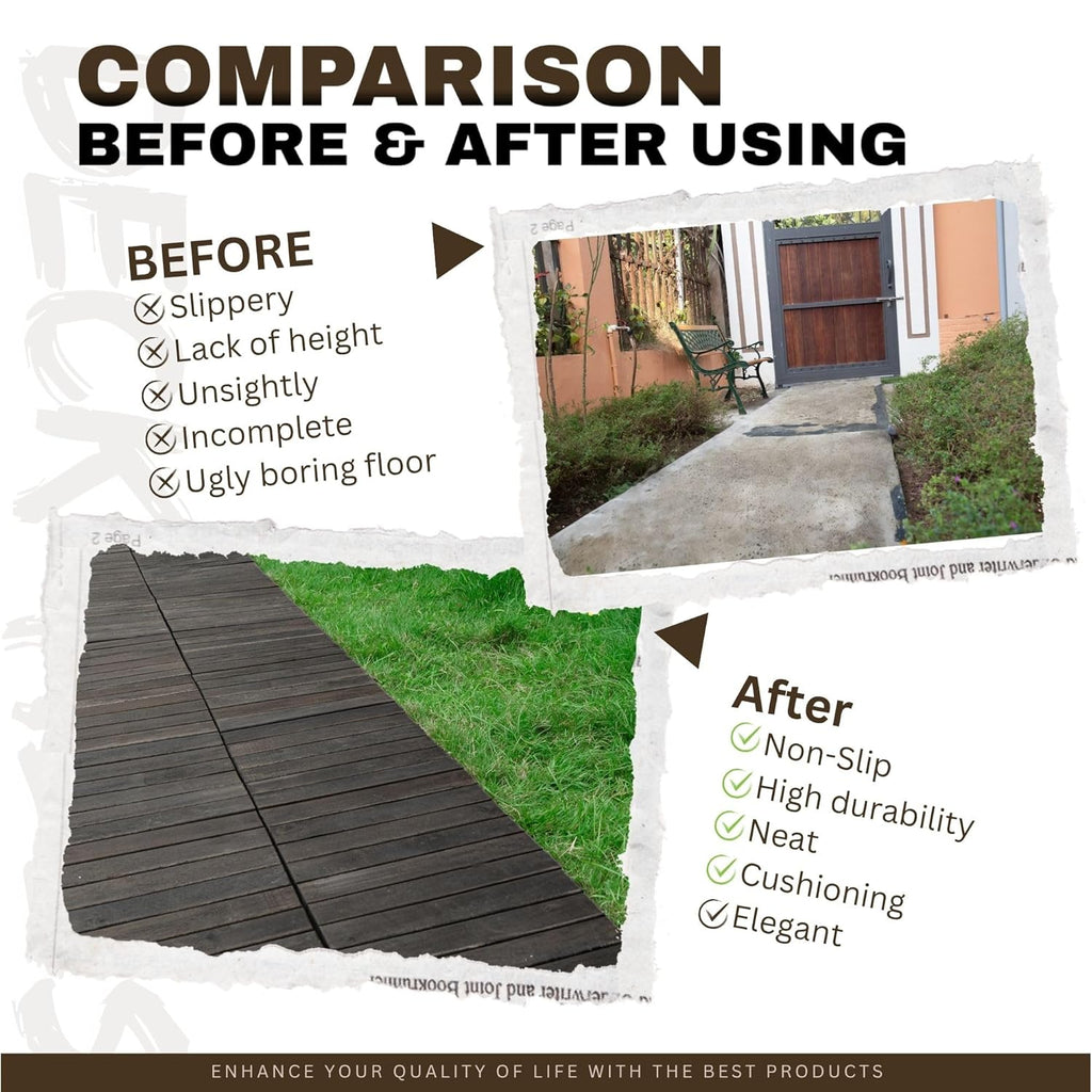 10/30 PCS Interlocking Deck Tiles Striped Pattern, 12" x 12" Dark Brown Square Acacia Hardwood Outdoor Flooring for