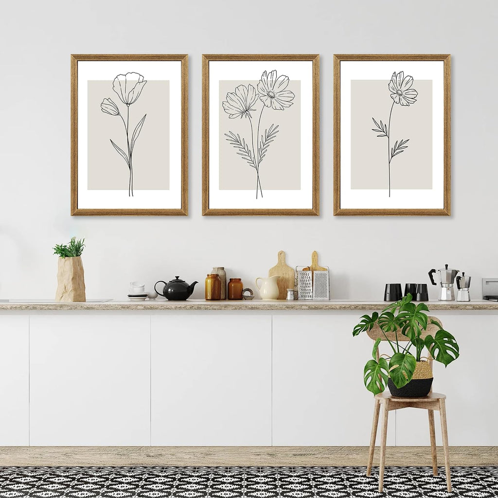 Neutral Botanical Floral Wall Art, Black and White Farmhouse Flowers Wall Decor, Modern Minimalist Line Art Canvas