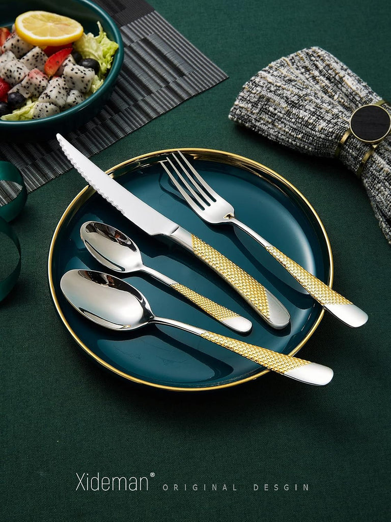 16-Piece Hammered Silver Gold Silverware Set, Modern Golden 18/10 Stainless Steel Flatware Set