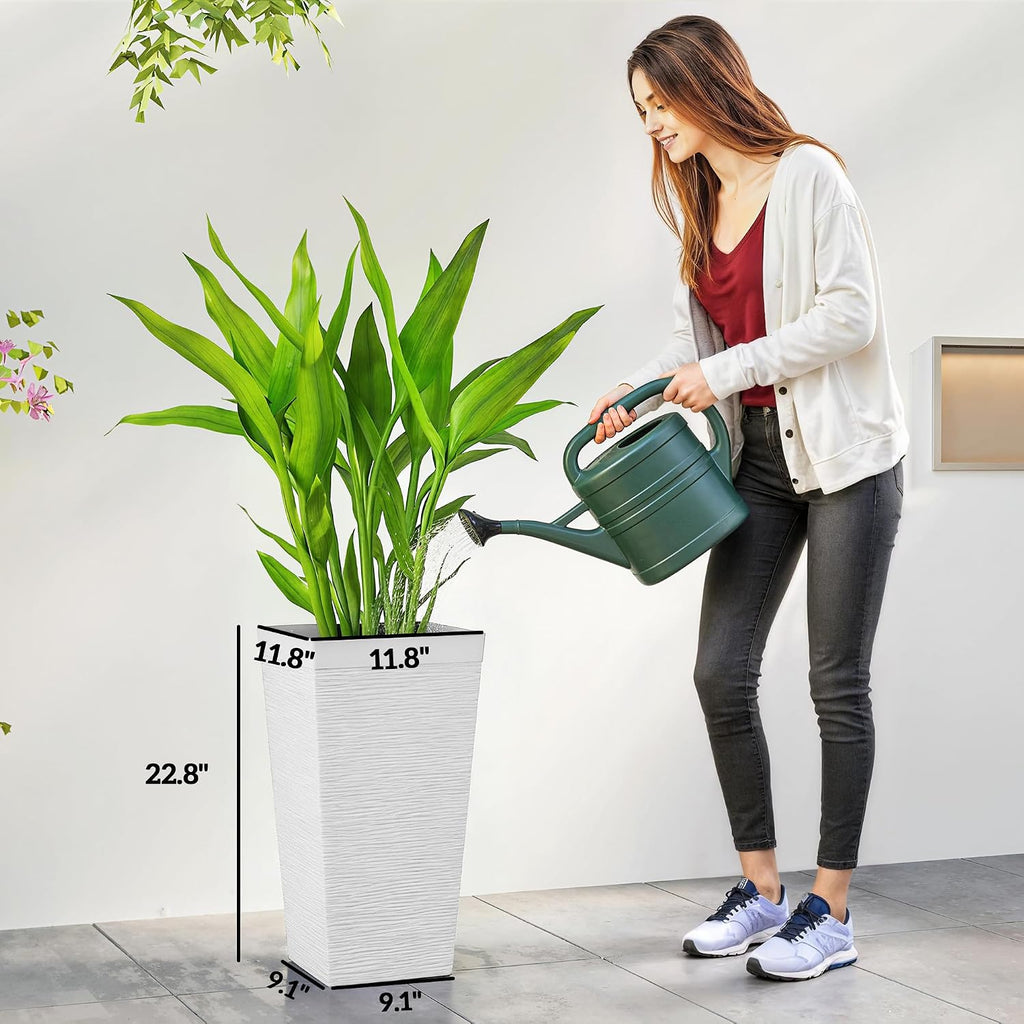 22.8 Inch Tall Planters for Outdoor Plants Set of 3, White | Wheels, Flower Pots, Stone Finish, Stackable Tapered