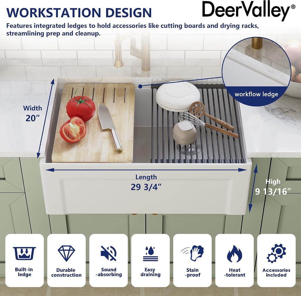 White Farmhouse Workstation Sink 30 Inch | Reversible Deep Single Bowl Apron Front Kitchen Sink, Undermount Farm Sink