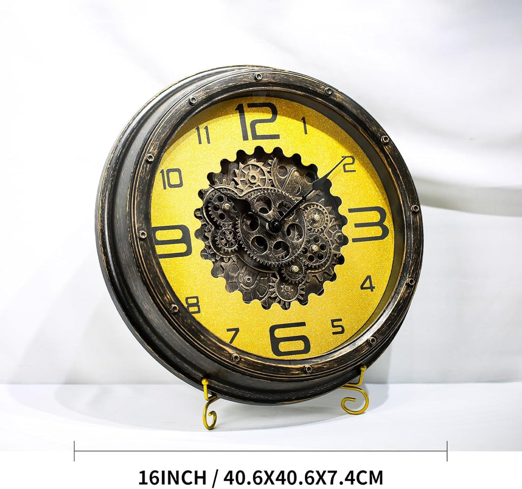16 inch Large Gear Clock with Real Moving Gears, Steampunk Gold Wall Clock, Suitable for Living Rooms, Offices, Factories, Bedrooms, and...