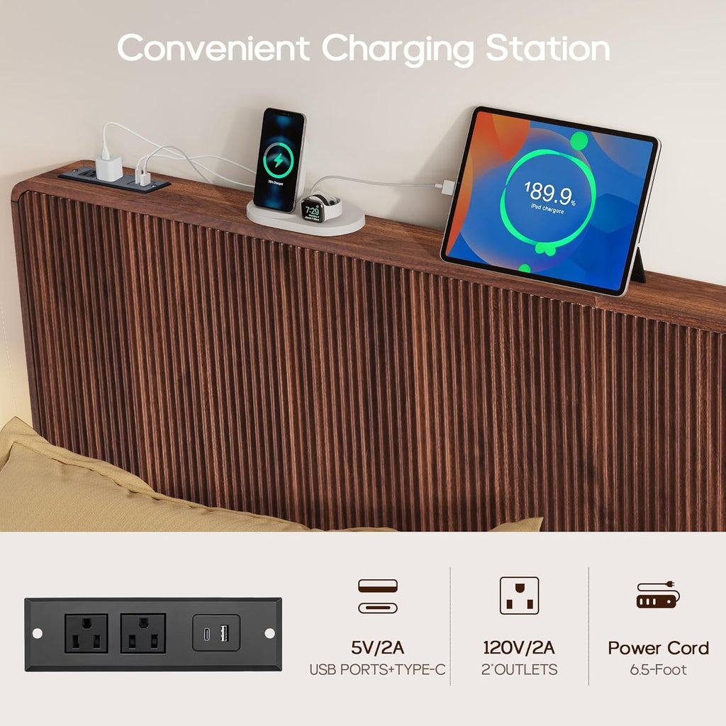 Wood Headboard King, Wooden King Headboard Only with 2 Outlets and USB & Type C Port, Simple Setup Modern Farmhouse