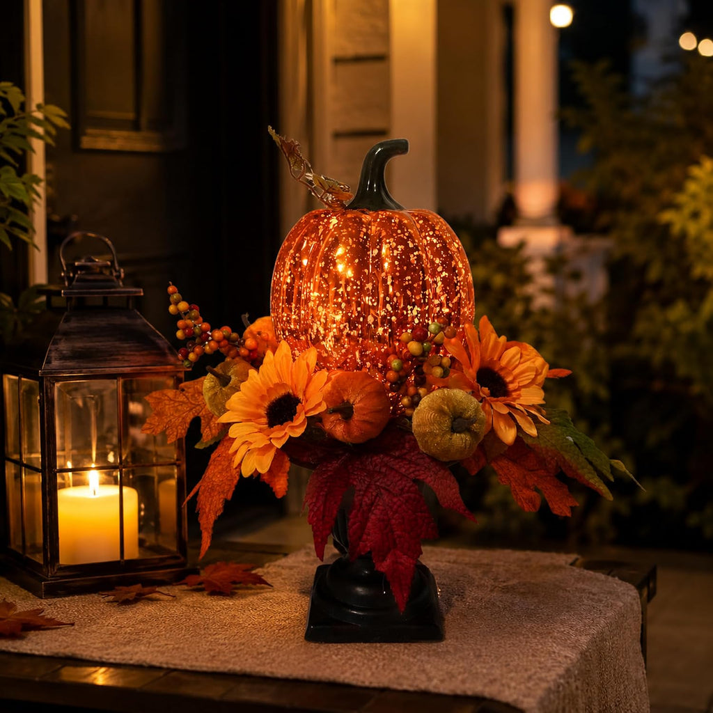 15 Inch Lighted Fall Pumpkin Arrangement with Pumpkin, Daisies