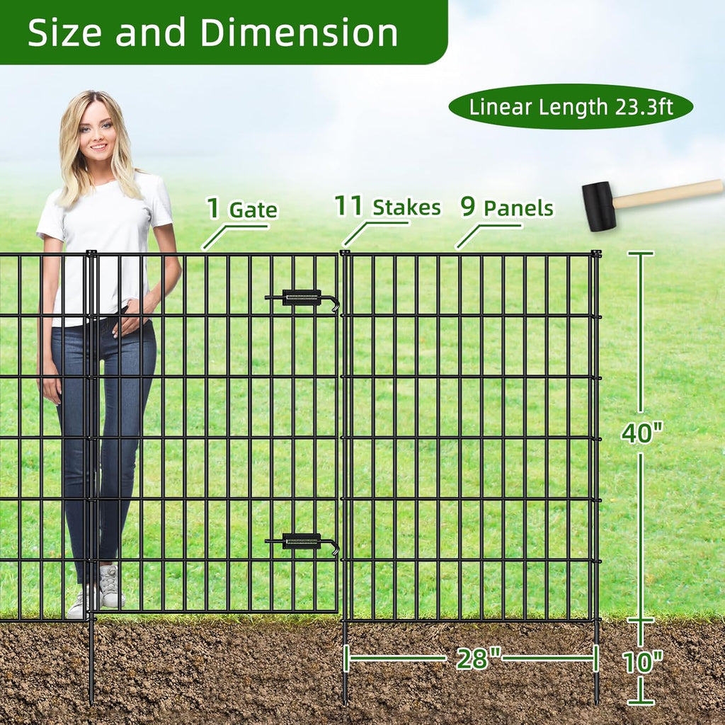 Metal Garden Fence with Gate 40in (H) x 23.3ft (L), 1 Gate + 9 Panels Dog Fence Border Fence Animal Barrier, No Dig