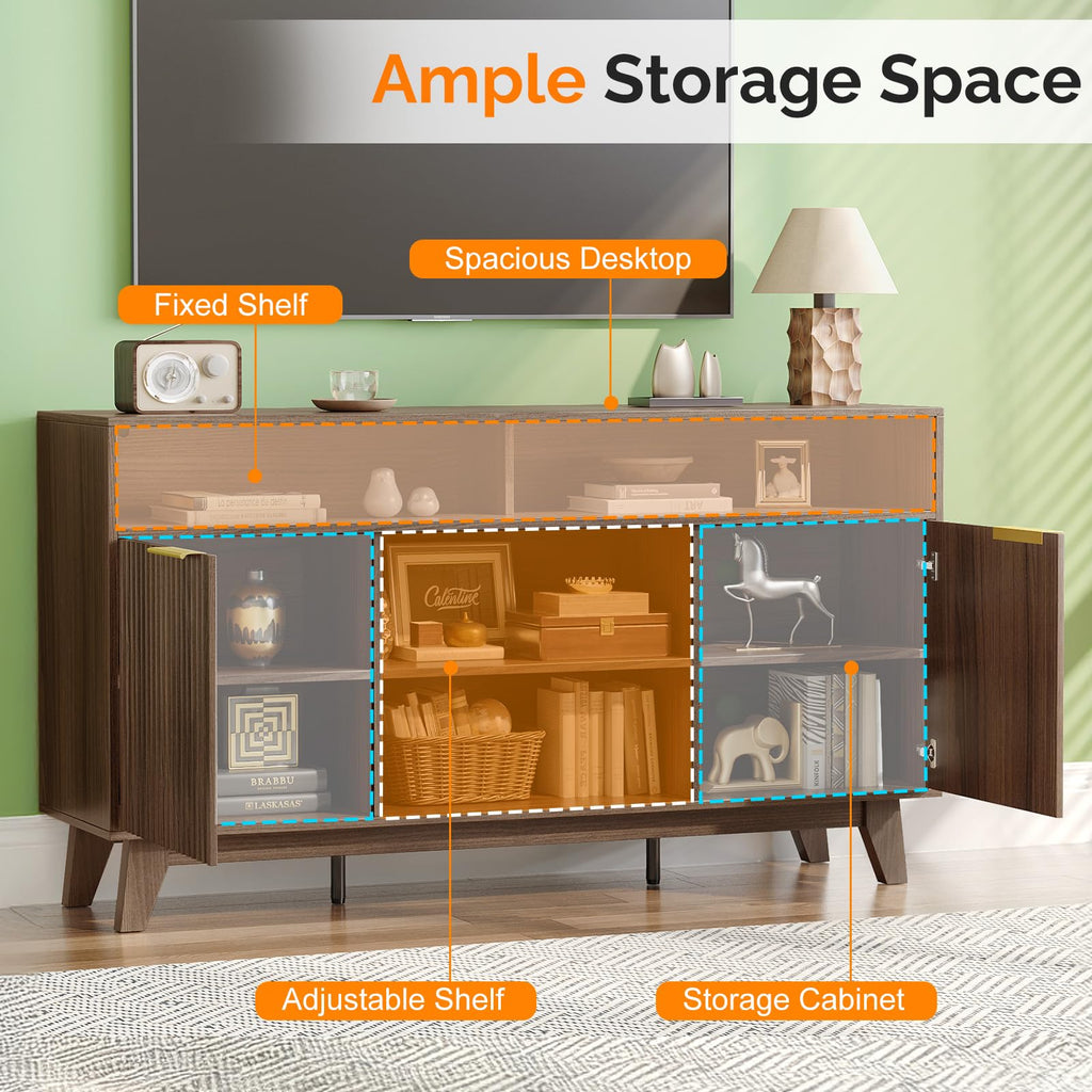 58" Fluted TV Stand with 4 Shelves and 2 Cabinets, Rustic Brown
