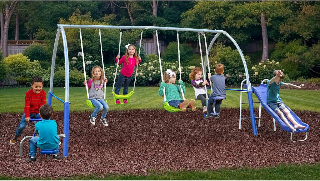 Titan II Safe-Arch Swing Set for Backyard, Silver, Blue & Green - Includes Seesaw, 2 Swing Seats, Stand R, Air