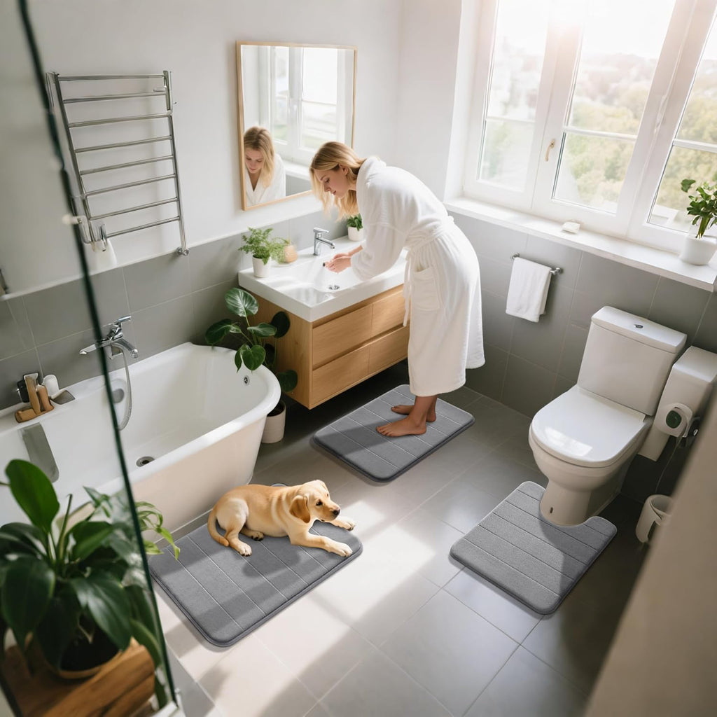Memory Foam Bath Mat Set 3 Pieces- Super Soft Absorbent Quick Dry Bathroom Rug Sets, Machine Washable Non Slip Floor