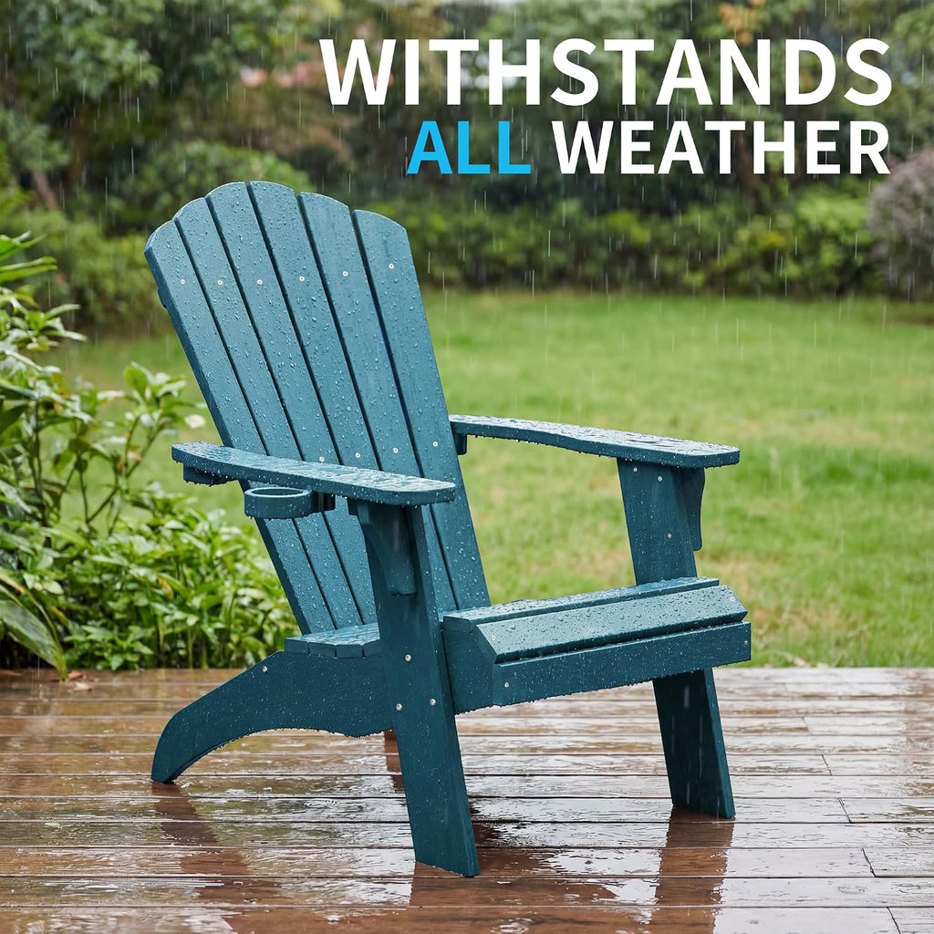 Adirondack Chairs Set of 2 with Cup Holder, Blue | 350Lbs Support, All Weather Patio Chairs for Fire Pit Deck