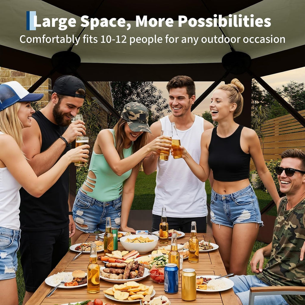 11.5x11.5FT 6-Sided Pop Up Gazebo Tent，One-Push Setup Canopy Tent with Mesh Panels & Removable Wind Cloths