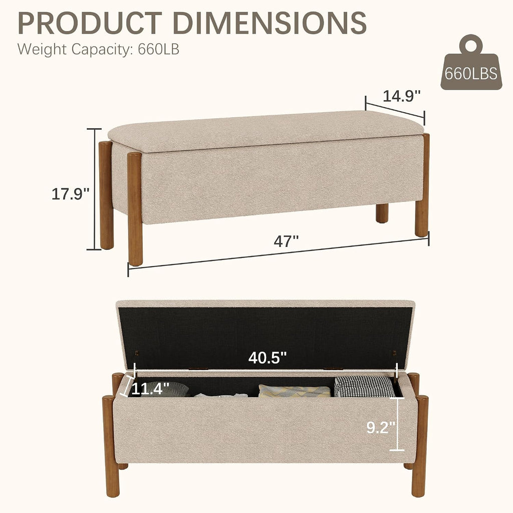 Modern Storage Benches with Walnut Wood Legs, 47'' Ottoman Bench with 20 Gallons Storage Space End of Bed, Fabric