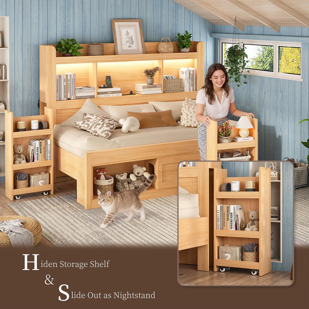 Twin Daybed with Bookcase Headboard & Hidden Bedside Racks, Oak