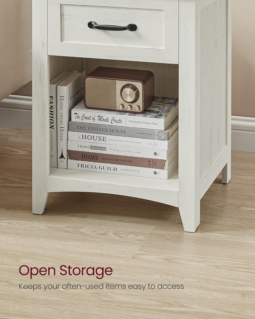 Farmhouse Nightstands with Charging Station, Set of 2 Bedside Tables, Side Tables with Drawer, Open