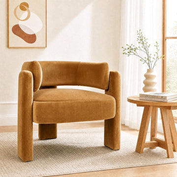 Modern Velvet Accent Chair, Comfy Upholstered Barrel Chairs (1, Khaki) | Accent Chairs with 3 Legs, Side Arm Chair