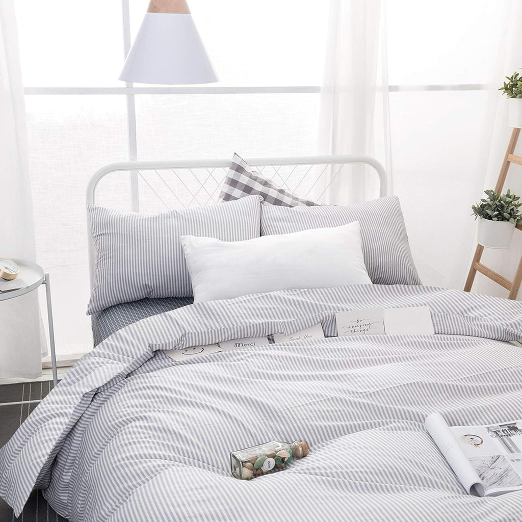 Striped Cotton Duvet Cover Set, Ticking Stripe Pinstripe Farmhouse, 100% Cotton Bedding Set, 3 Pieces, Gray White