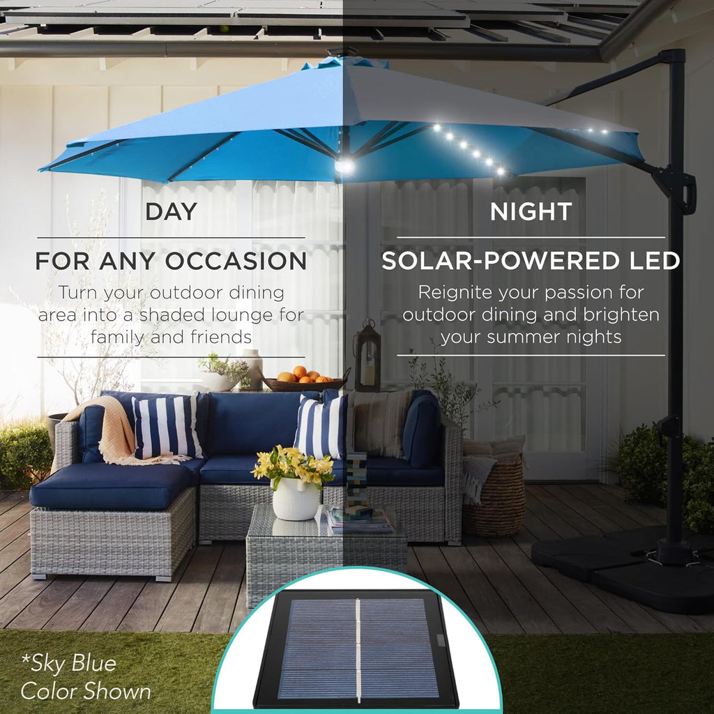10ft Solar LED Cantilever Patio Umbrella, 360-Degree Rotation Hanging Offset Market Outdoor Sun Shade w/Lights - Seaglas
