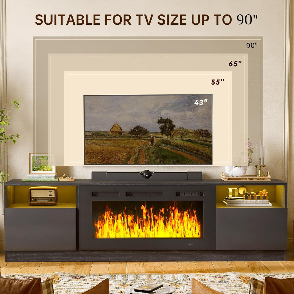 80" Fireplace TV Stand for TVs Up to 90", LED Light Entertainment Center with 36" Electric Fireplace, Modern Wood