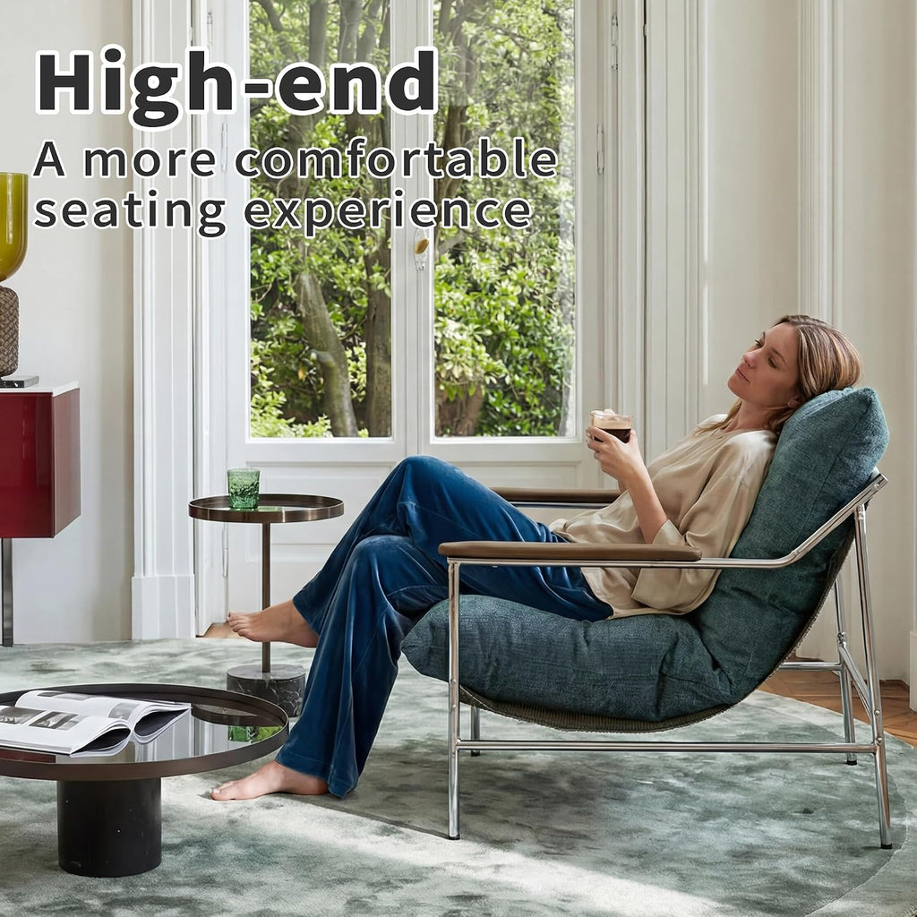 Comfy Chenille Accent Chair, Modern Single Reading Sofa Chair with Tall Arm, Corner Balcony Armchair w/Metal Frame