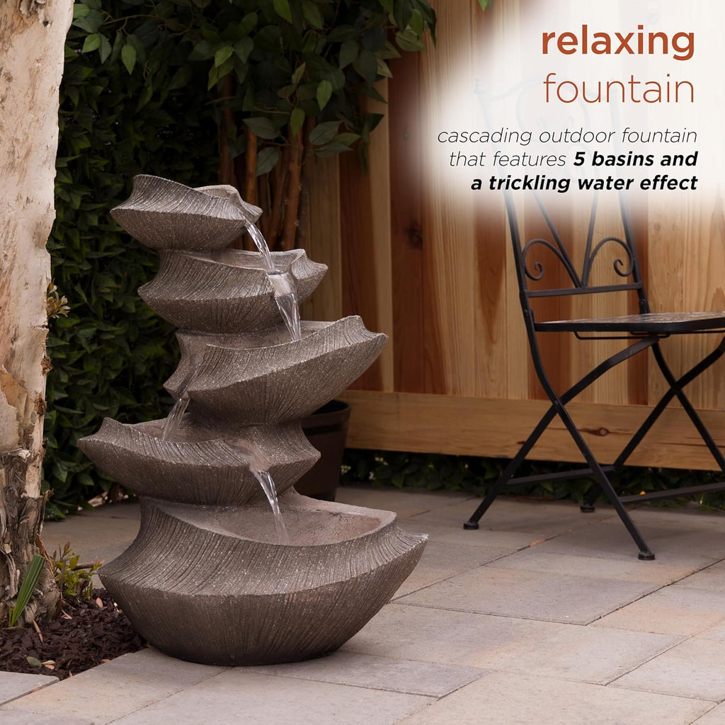 Outdoor Floor Tiered Basin Fountain with LED Lights, Modern Basin Garden Fountain 31", Brown